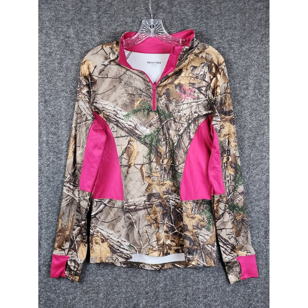 Realtree Quarter Zip Pullover Womens Medium Pink Camo Xtra Long Sleeve Thumbhole